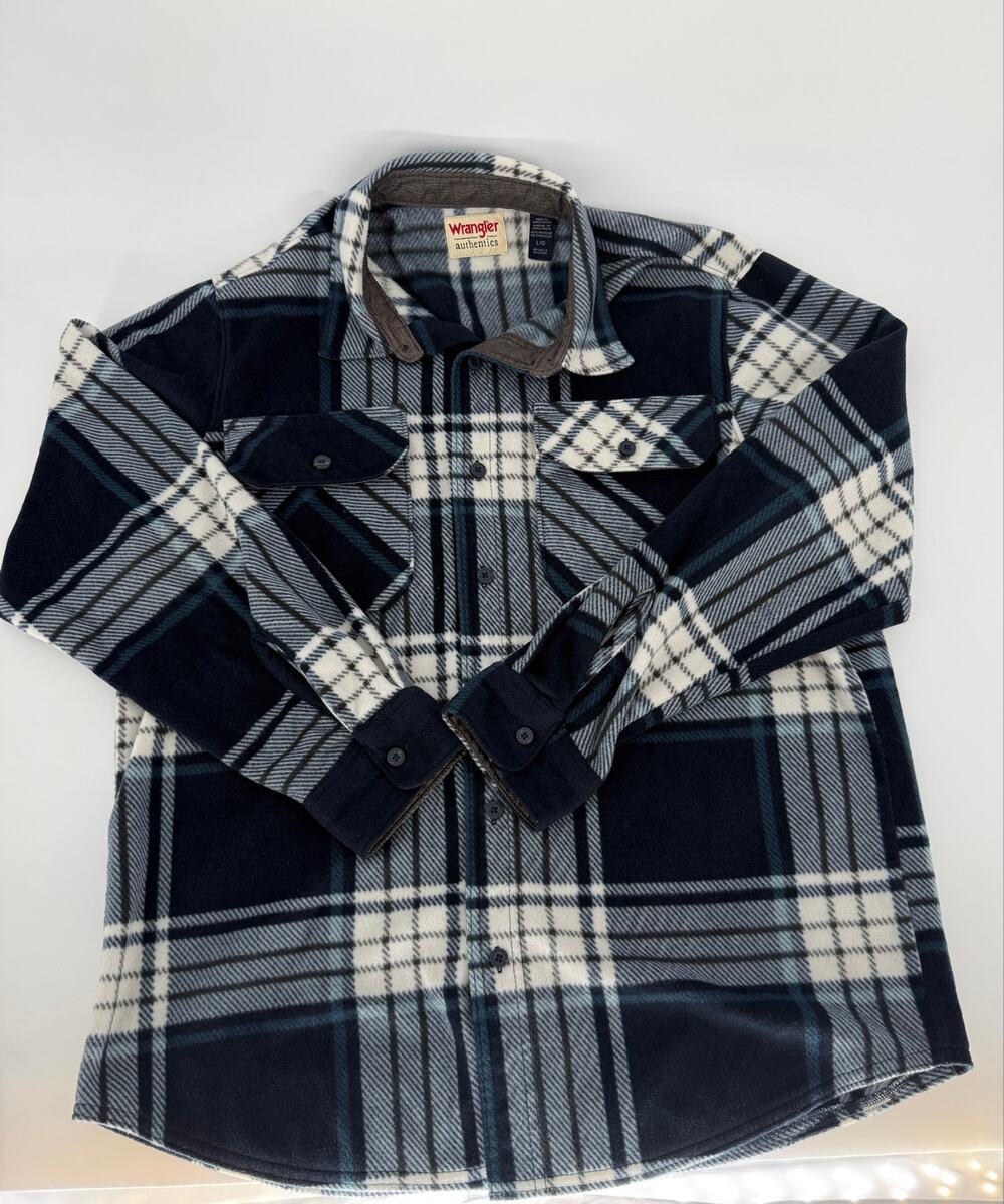 Wrangler Authentics Fleece Shirt Mens L Blue Plaid Heavyweight Shacket Workwear